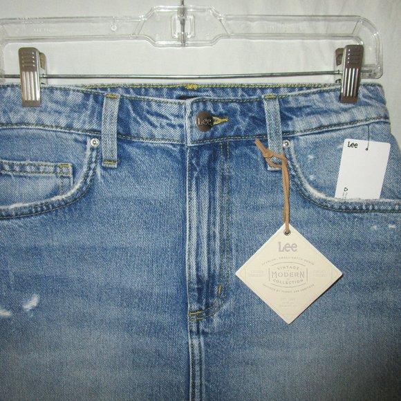 LEE Vintage Modern 26 27 Prairie Blue Distressed High Rise Denim Jean Skirt NWT - Picture 5 of 9